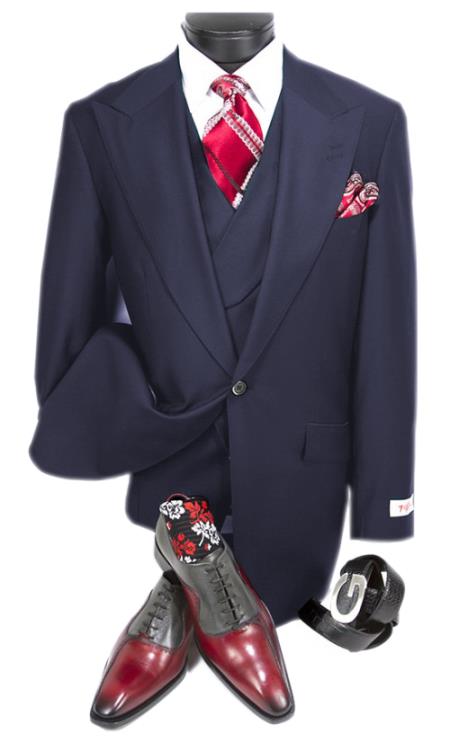 Mens Big and Tall Size Suits - Plus Size Mens Navy Suit - Peak Lapel Ticket Pocket Wool Suit
