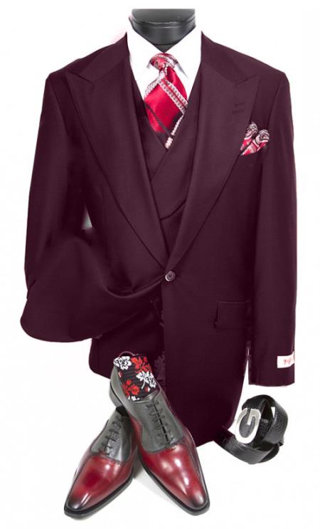 Mens Big and Tall Size Suits - Plus Size Mens Burgundy Suit - Peak Lapel Ticket Pocket Wool Suit
