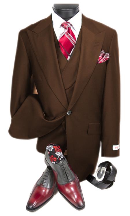 Mens Big and Tall Size Suits - Plus Size Mens Dark Brown Suit - Peak Lapel Ticket Pocket Wool Suit