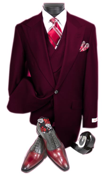 Mens Big and Tall Size Suits - Plus Size Mens Dark Burgundy Suit - Peak Lapel Ticket Pocket Wool Sui