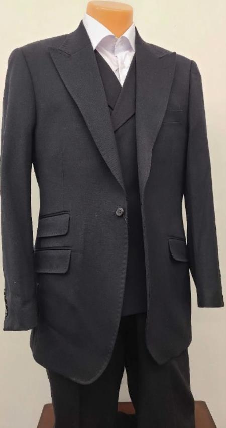 Mens Big and Tall Size Suits - Plus Size Mens Solid Black Suit - Peak Lapel Ticket Pocket Wool Suit