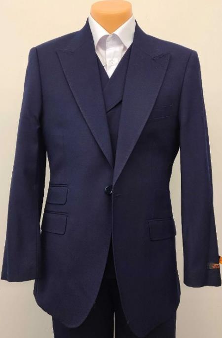 Mens Big and Tall Size Suits - Plus Size Mens Solid Navy Suit - Peak Lapel Ticket Pocket Wool Suit