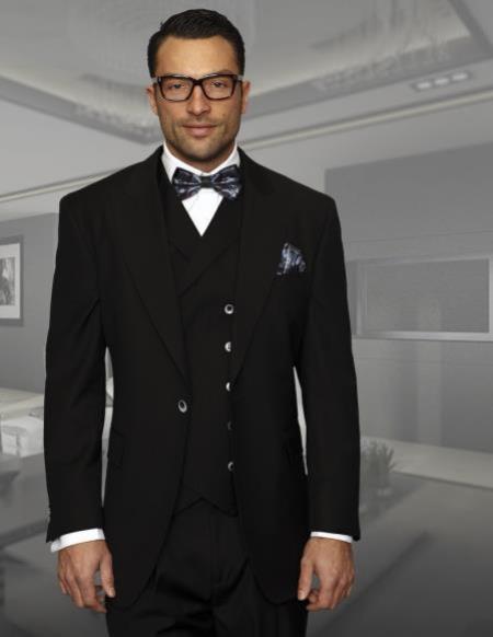 Mens Big and Tall Size Suits - Plus Size Mens Black Suit - Peak Lapel Ticket Pocket Wool Suit
