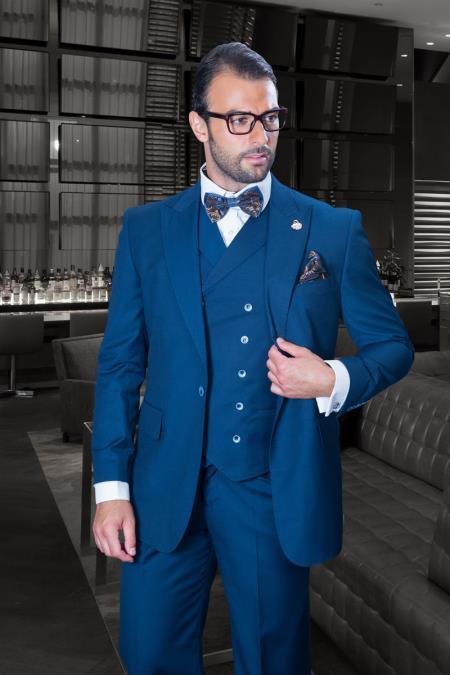 Mens Big and Tall Size Suits - Plus Size Mens Sapphire Suit - Peak Lapel Ticket Pocket Wool Suit
