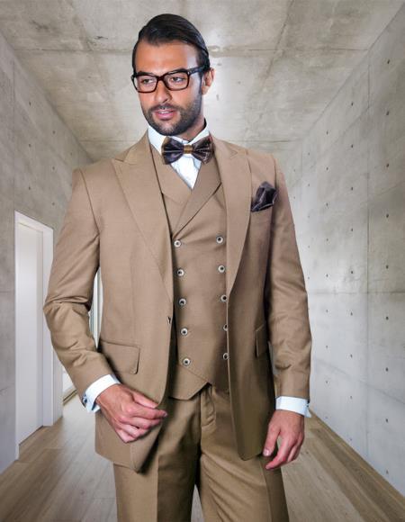 Mens Big and Tall Size Suits - Plus Size Mens Tan Suit - Peak Lapel Ticket Pocket Wool Suit