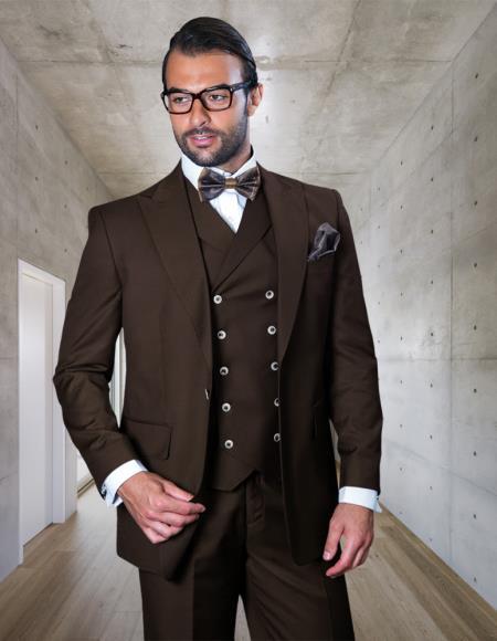Mens Big and Tall Size Suits - Plus Size Mens Brown Suit - Peak Lapel Ticket Pocket Wool Suit