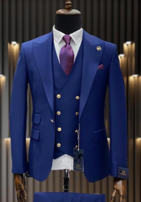 Mens Big and Tall Size Suits - Plus Size Mens Royal Blue Suit - Peak Lapel Ticket Pocket Wool Suit