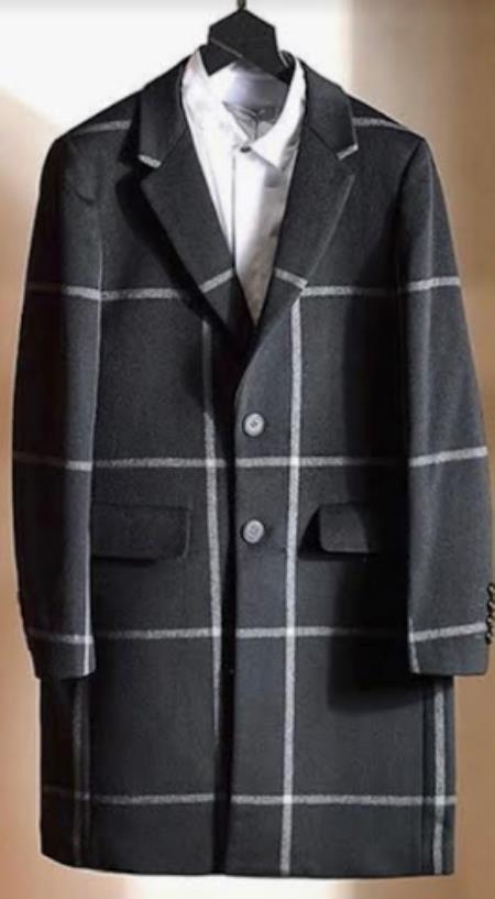 Mens Wool Plaid Peacoat - Plaid Pattern Wool Dark Gray Coat