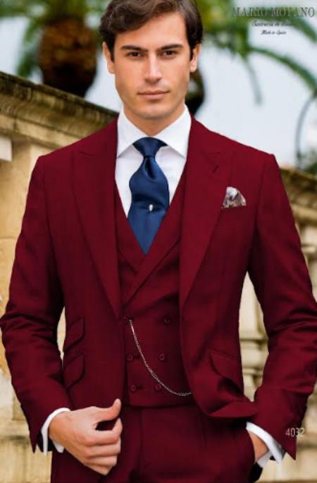 Mens Wide Lapel Suits - Burgundy - Wool