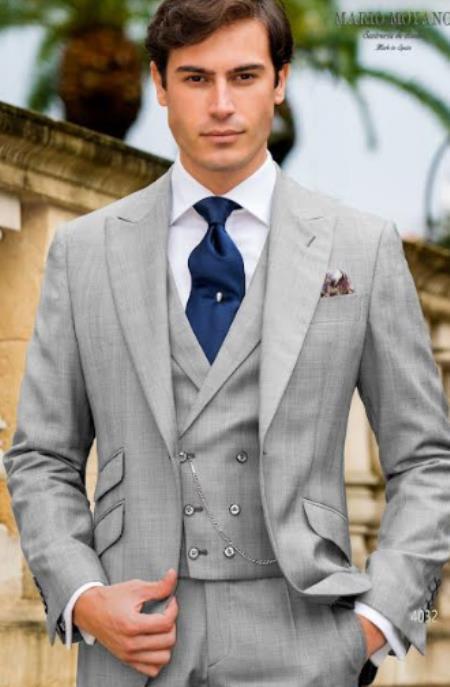 Mens Wide Lapel Suits - Silver - Wool