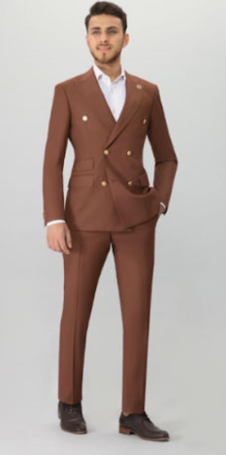 Mens Suits With Gold Buttons - Brown
