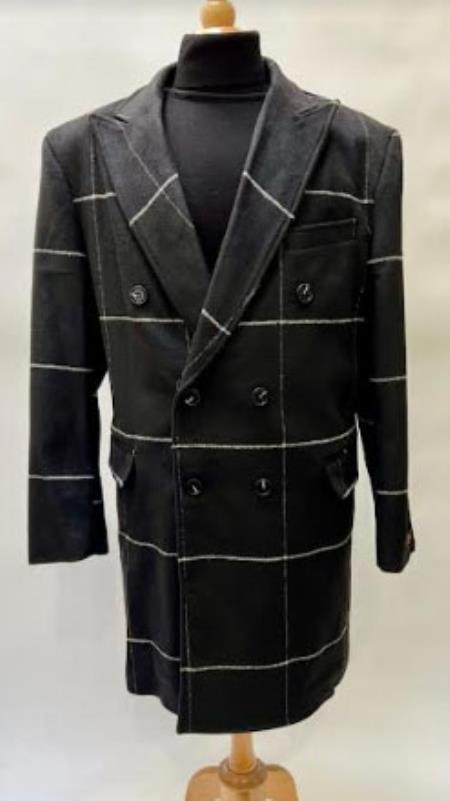 Black Plaid Overcoat - Wool Topcoat With WindowPane Pattern Double Breasted Style