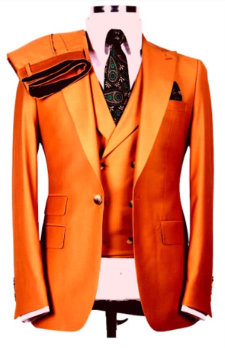 Mens Orange Suit With Double Breasted Vest - Ticket Pocket