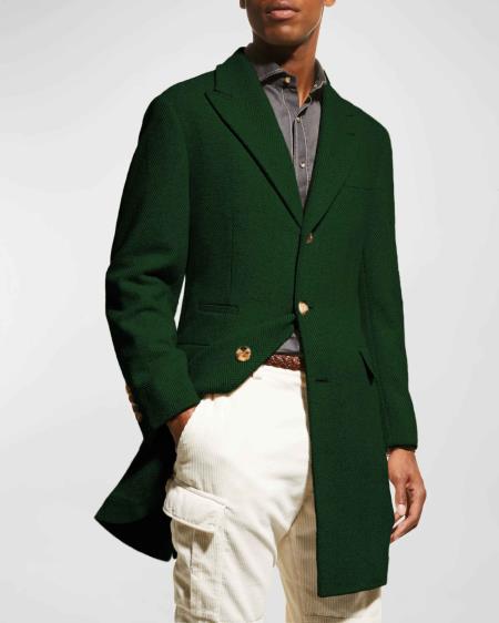 Mens Wool Carcoat - Dark Green Three Quarter Peak Lapel Topcoat