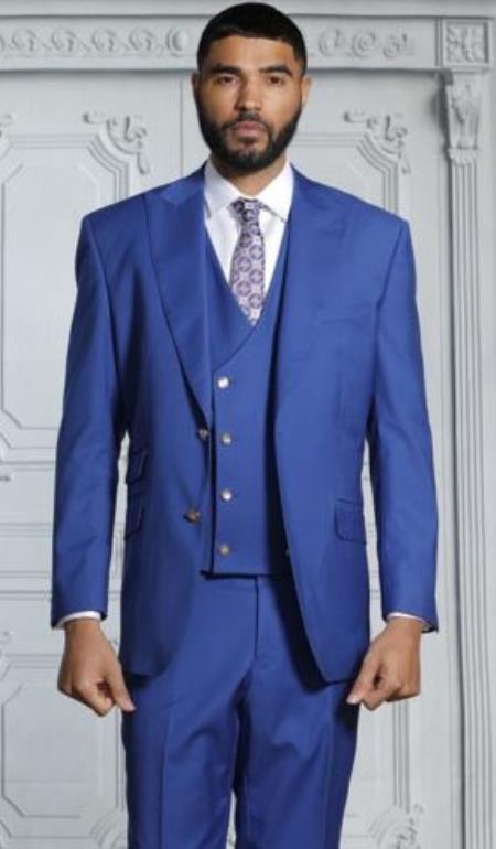 Mens Suits With Double Breasted Vest - Blue Peak Lapel Suits - Ticket Pocket - With Gold Buttons - Slim Fitted