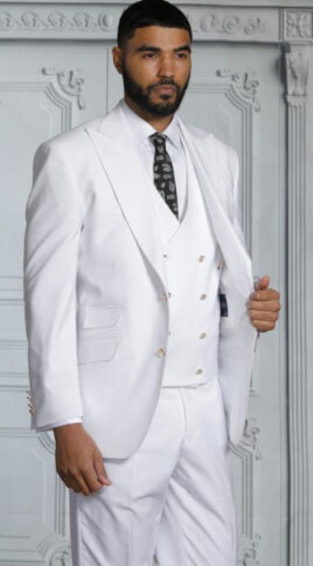 Mens Suits With Double Breasted Vest - White Peak Lapel Suits - Ticket Pocket - With Gold Buttons - Slim Fitted