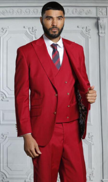 Red Double Breasted Wedding Tuxedos Slim Fit Peaked Lapel Prom Suit Mens  Blazer