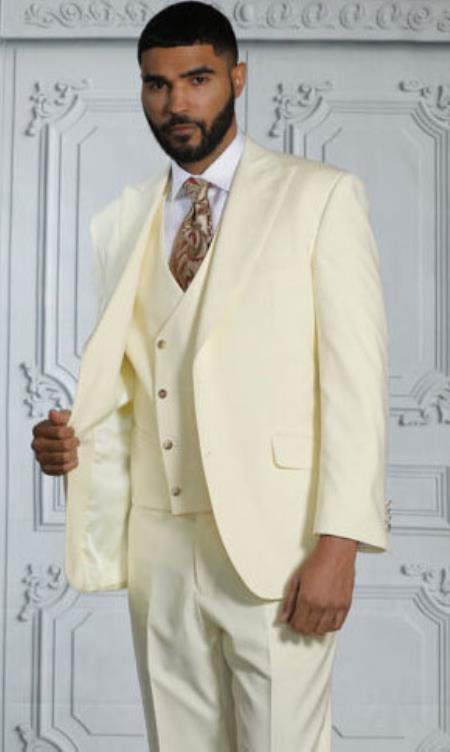 Mens Suits With Double Breasted Vest - Cream Peak Lapel Suits - Ticket Pocket - With Gold Buttons - Slim Fitted