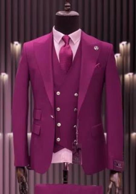 Hot Pink Suit With Gold Buttons - Wool Suit - Ticket Pocket DB Vest