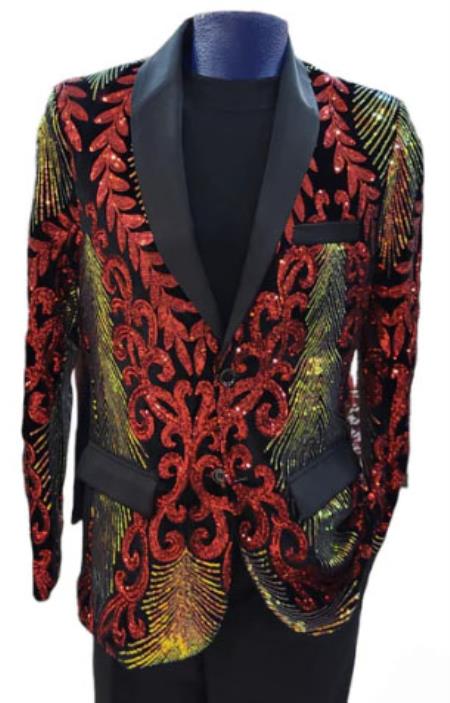 Mens Two Toned Sequin Blazer - Red Prom Shiny Tuxedo Slim Fit