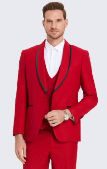 Red Textured Tuxedo With Satin Trim Three Piece Set