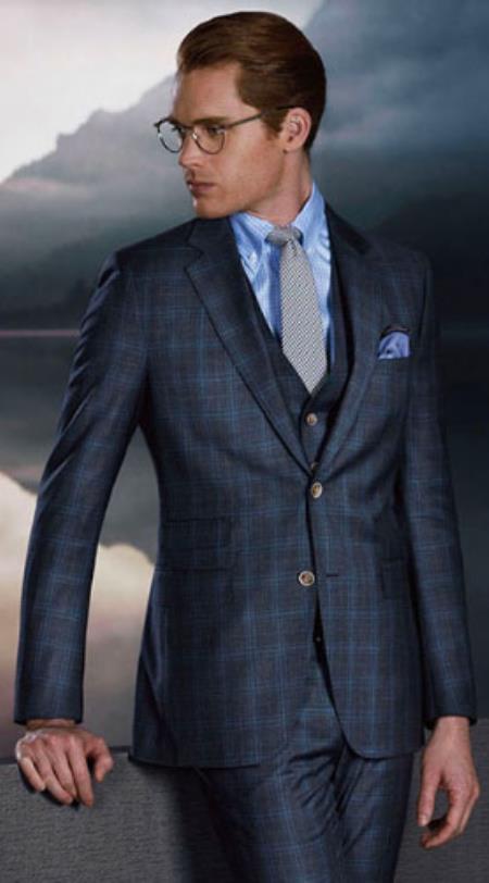 Charcoal Grey With Blue Pattern Vested Suit - 100% Wool Suit By Albertonardoni Plaid-235