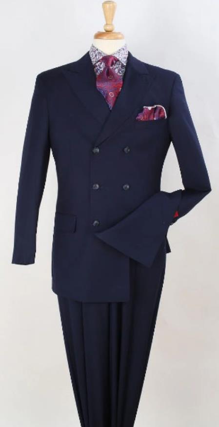 Mens Double Breasted Suit 6 on 3 Classic Fit Pleated Pants - Navy