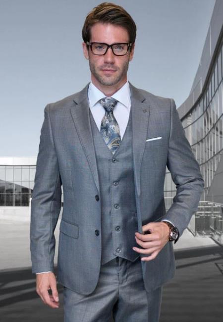 Statement Mens 100% Wool 3 Piece Suit - Tone on Tone Plaid Grey