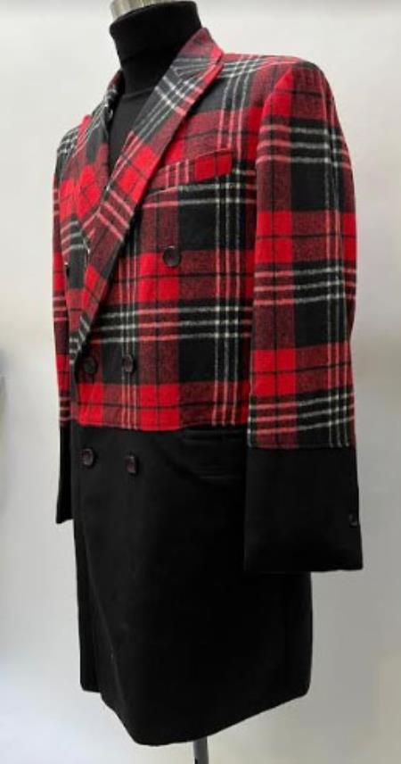 Mens Plaid Overcoat - Houndstooth Checker Pattern Topcoat - Red ~ Black