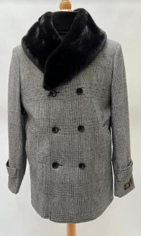Mens Plaid Overcoat - Houndstooth Checker Pattern Topcoat - Gray