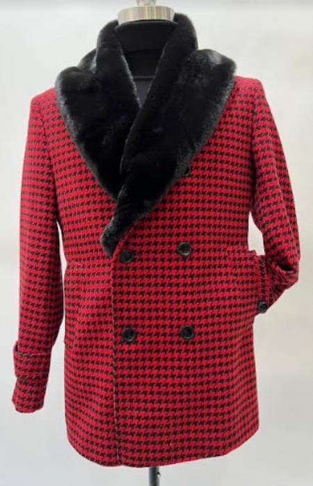 Mens Plaid Overcoat - Houndstooth Checker Pattern Topcoat - Red