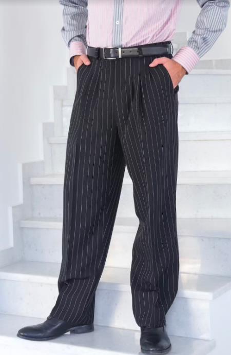 Mens 100% Wool Black Pinstripe Wide Leg Pants - Stripe Baggy Pants 22 Inch