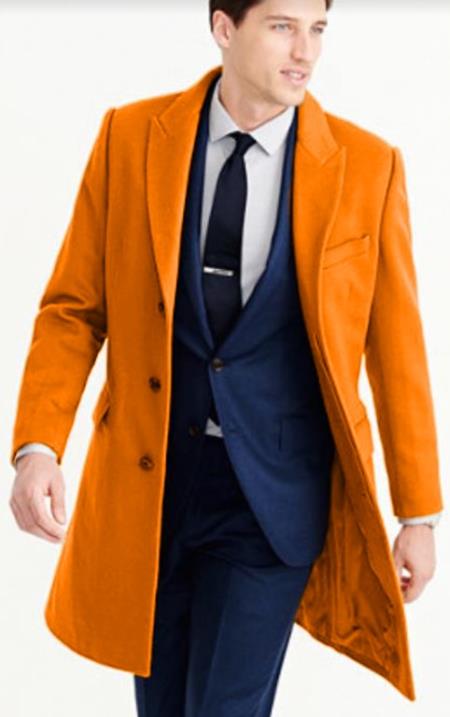Mens Wool Carcoat - Orange Three Quarter Peak Lapel Topcoat