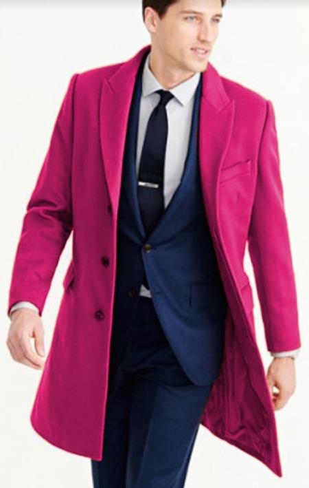 Mens Wool Carcoat - Pink Three Quarter Peak Lapel Topcoat