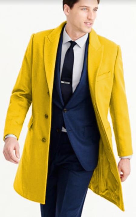 Mens Wool Carcoat - Yellow Three Quarter Peak Lapel Topcoat