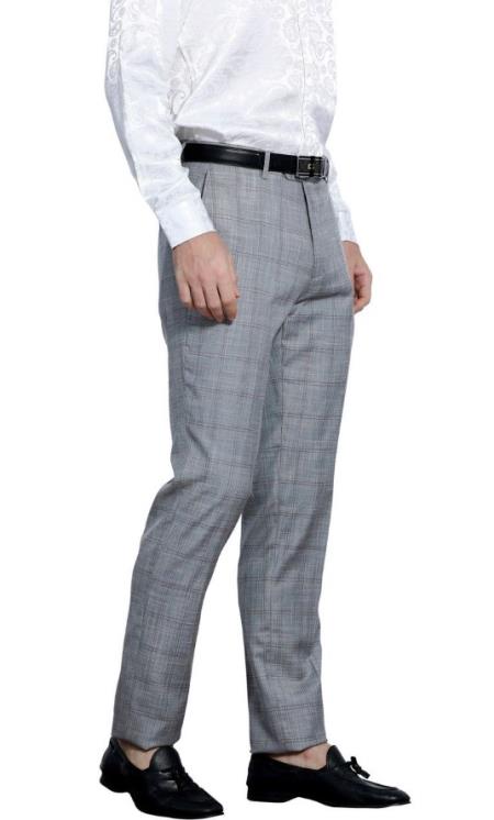 Mens Flat Front Pants - Plaid Pants - Slim Fit Pants - Windowpane Pant - Grey