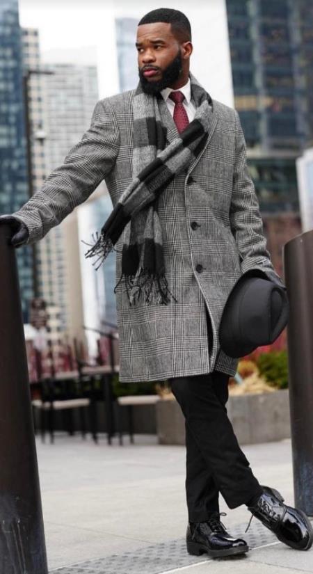 Mens Overcoat - 100% Wool Grey and Black Glen Plaid Carocat