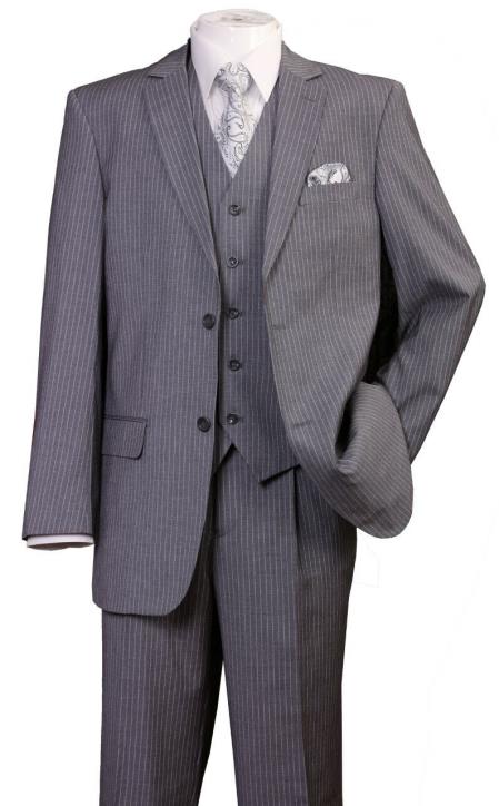 Classic Fit Pleated Pants - 2 Button Suit Pinstripe - Vested Suit 3 Pieces Suits Gray