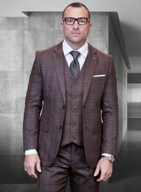 Statement Suits - Plaid Suits - Wool Suits - Business Suits Italian Vested Suits Brown