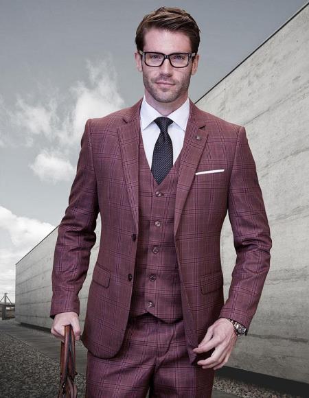 Statement Suits - Plaid Suits - Wool Suits - Business Suits Italian Vested Suits Maroon