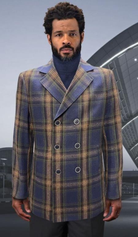 Mens Peacoat - Plaid Overcoats - Wool Carcoat Blue