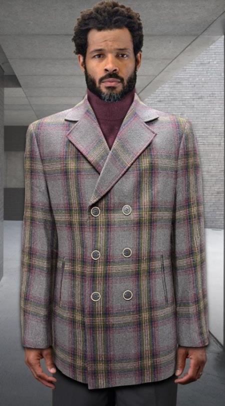 Mens Peacoat - Plaid Overcoats - Wool Carcoat Grey