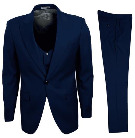 Stacy Adams Suit Low Cut 1920s Vest Navy Big Lapels 3 Piece - Wool