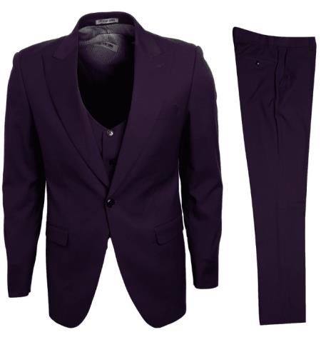 Stacy Adams Suit Fashionable Vest Eggplant Purple Big Lapels 3 Piece - Wool