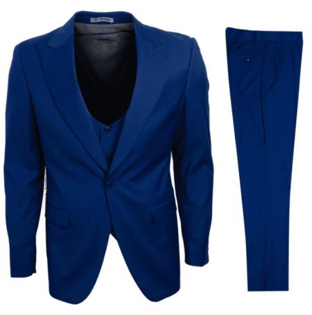 Stacy Adams Suit Low Cut Vest Indigo Blue Big Lapels 3 Piece - Wool