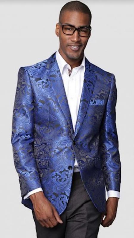 Mens Royal Blue Paisley Blazer - Big and Tall Sport Coat With Bowtie