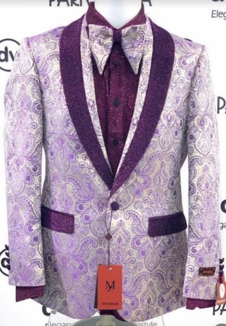 Mens Purple Paisley Blazer - Big and Tall Sport Coat With Bowtie
