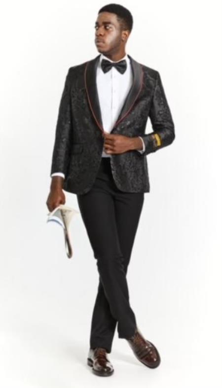Product#JA60441 Mens Black Paisley Blazer - Big and Tall Sport Coat With Bowtie