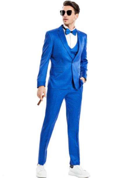 Product#JA60591 Polka Dot Suit - Polka Dot Blazer - Prom Suit - Stage Vested Suit Royal Blue