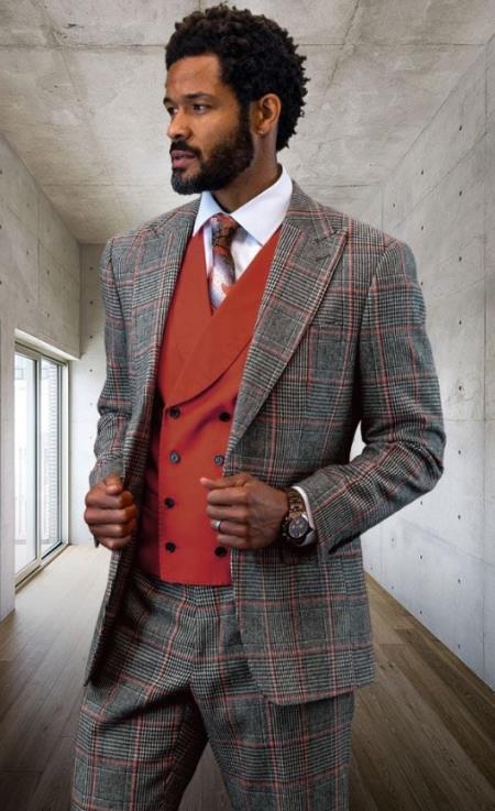 Product#JA60602 Statement Mens 100% Wool 3 Piece Suit - Glen Plaid Checkered Copper